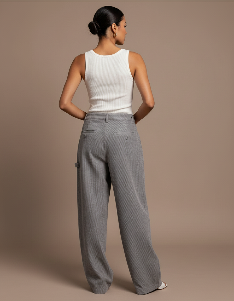 Pantalon Baggy Gris Côtelé Ample Femme Décontracté - Cordé - vue 2