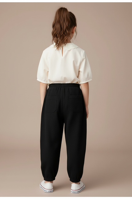 Pantalon Baggy Noir Ample Décontracté Cordon Vert - Coton - vue 2