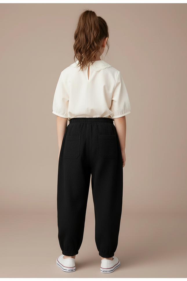 Pantalon Baggy Noir Ample Décontracté Cordon Vert - Coton - vue 2