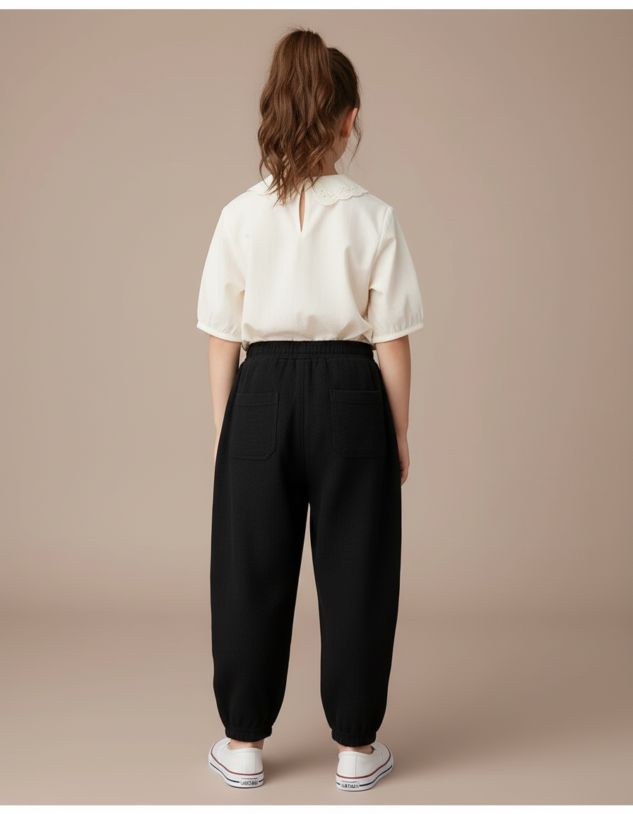 Pantalon Baggy Noir Ample Décontracté Cordon Vert - Coton - vue 2
