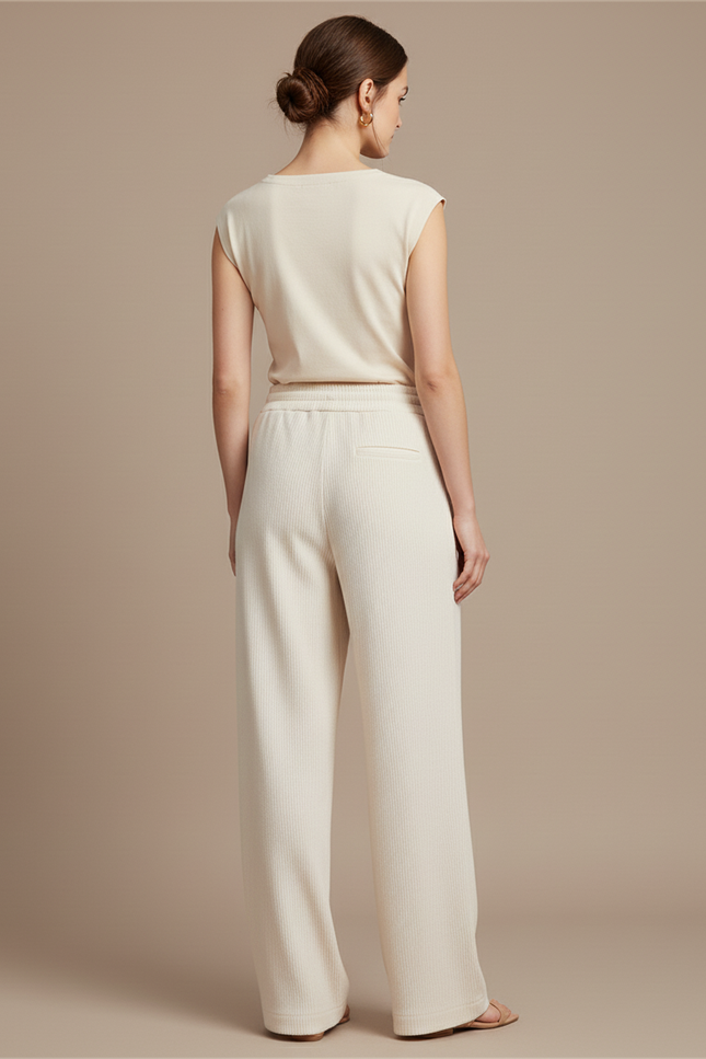 Pantalon Baggy Crème Côtelé Ample Décontracté Cordon - Beige Cordé - vue 2