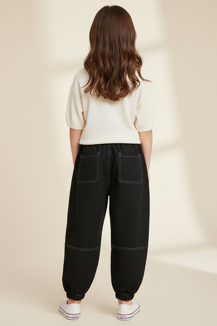 Pantalon Baggy Noir Ample Coutures Blanches Enfant - Jean - vue 2