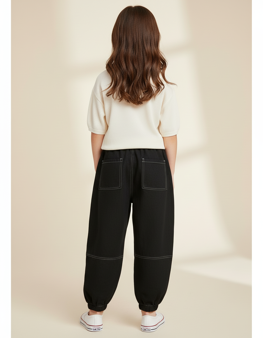 Pantalon Baggy Noir Ample Coutures Blanches Enfant - Jean - vue 2
