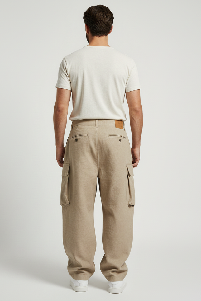 Pantalon Baggy Beige Ample Cargo Plissé Homme - Toile - vue 2