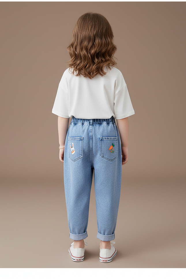 Pantalon Baggy Jean Bleu Brodé Lapin Fille - vue 2