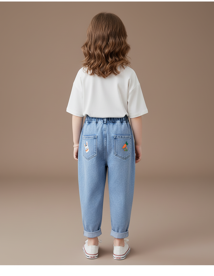 Pantalon Baggy Jean Bleu Brodé Lapin Fille - vue 2