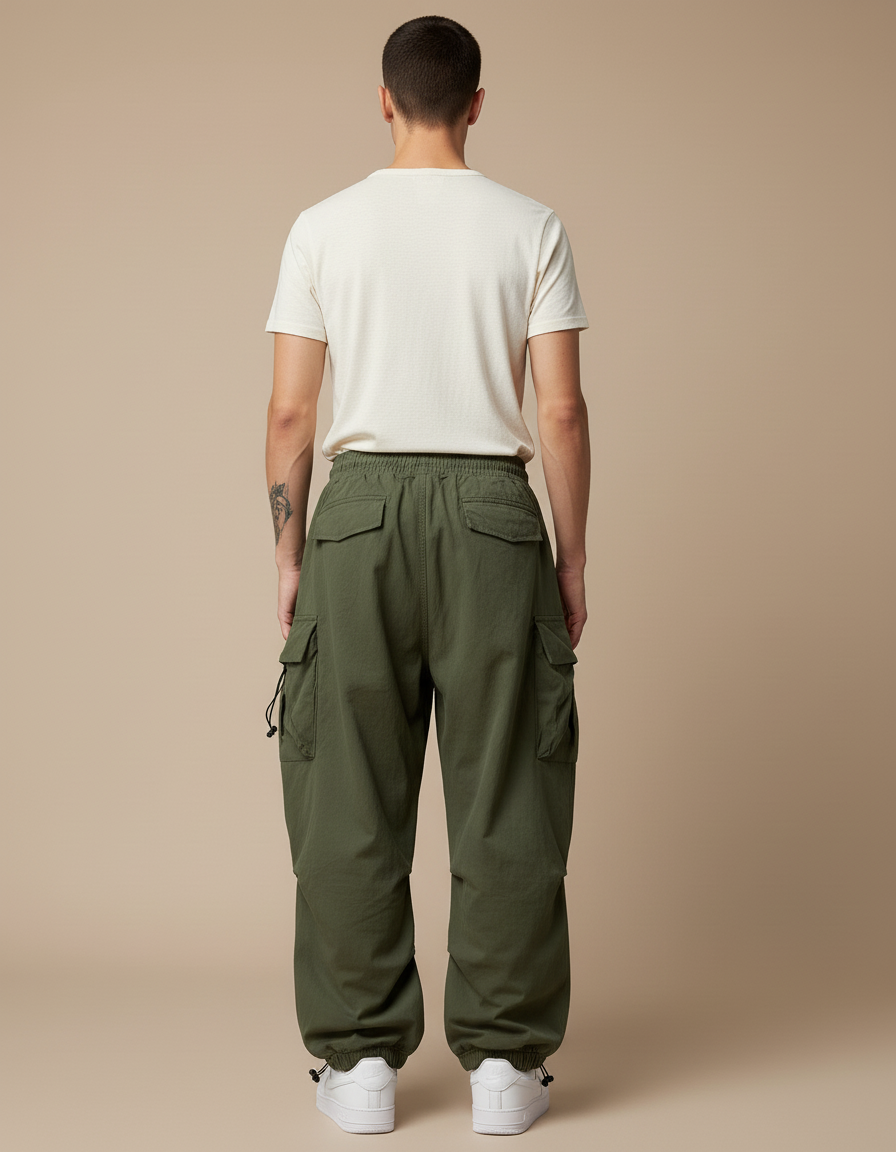 Pantalon Baggy Vert Kaki Ample Cargo Streetwear Homme - Toile - vue 2