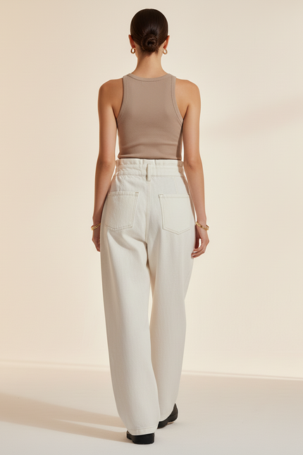 Pantalon Baggy Crème Taille Haute Ample Décontracté - Beige Jean - vue 2
