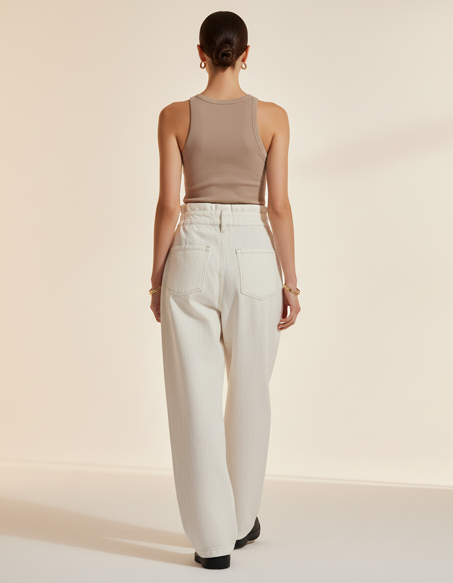 Pantalon Baggy Crème Taille Haute Ample Décontracté - Beige Jean - vue 2