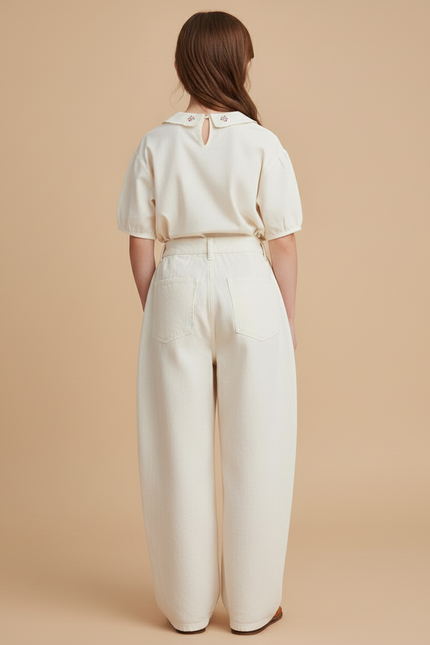 Pantalon Baggy Crème Ample Taille Haute Fille - Beige Jean - vue 2
