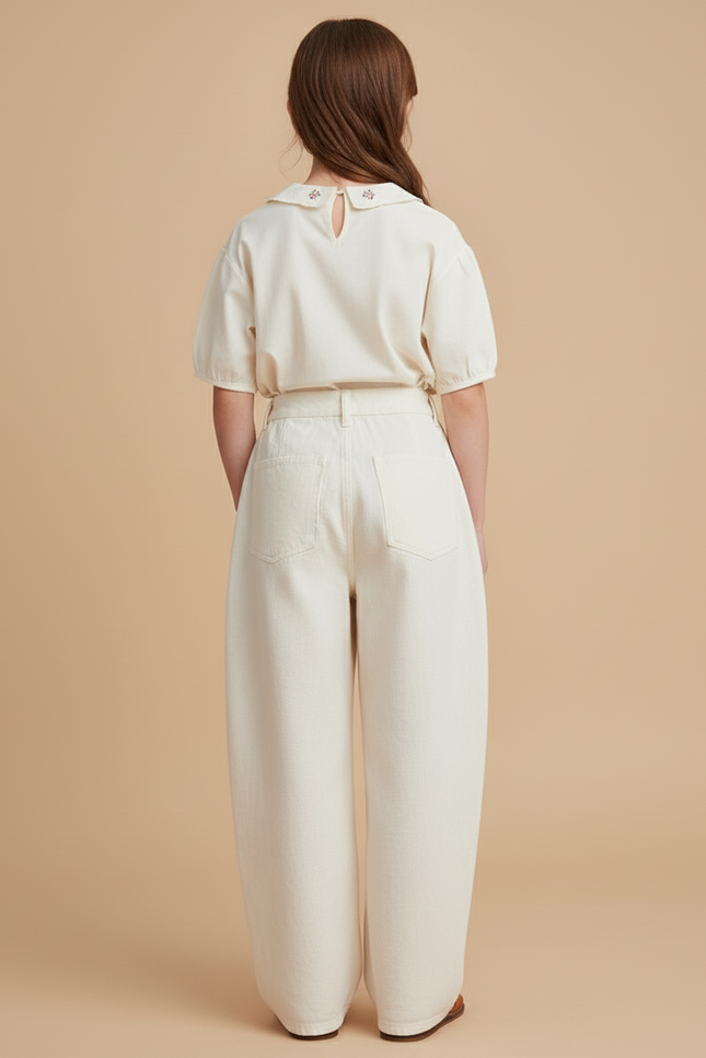Pantalon Baggy Crème Ample Taille Haute Fille - Beige Jean - vue 2