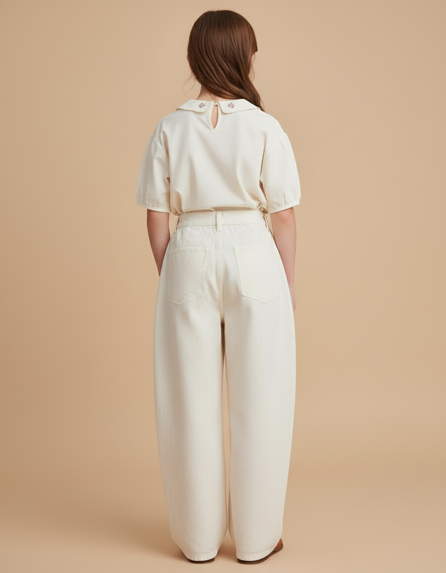 Pantalon Baggy Crème Ample Taille Haute Fille - Beige Jean - vue 2