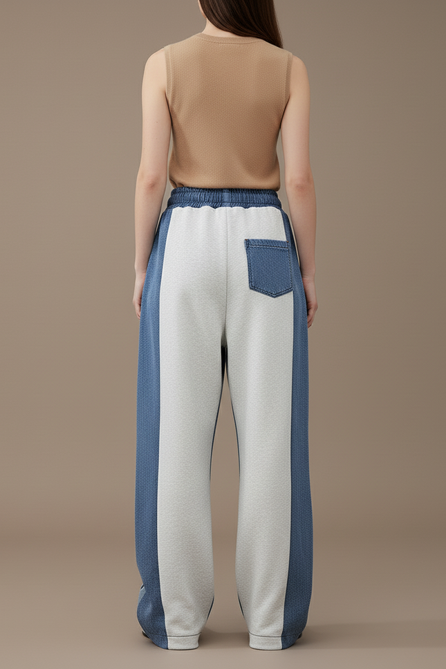 Pantalon Baggy Gris Denim Rayures Sport Patchwork Femme - Multicolore Molleton - vue 2