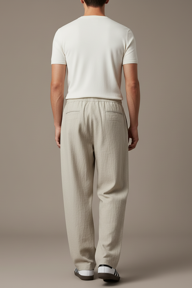 Pantalon Baggy Beige Lin Ample Décontracté Cordon Homme - vue 2