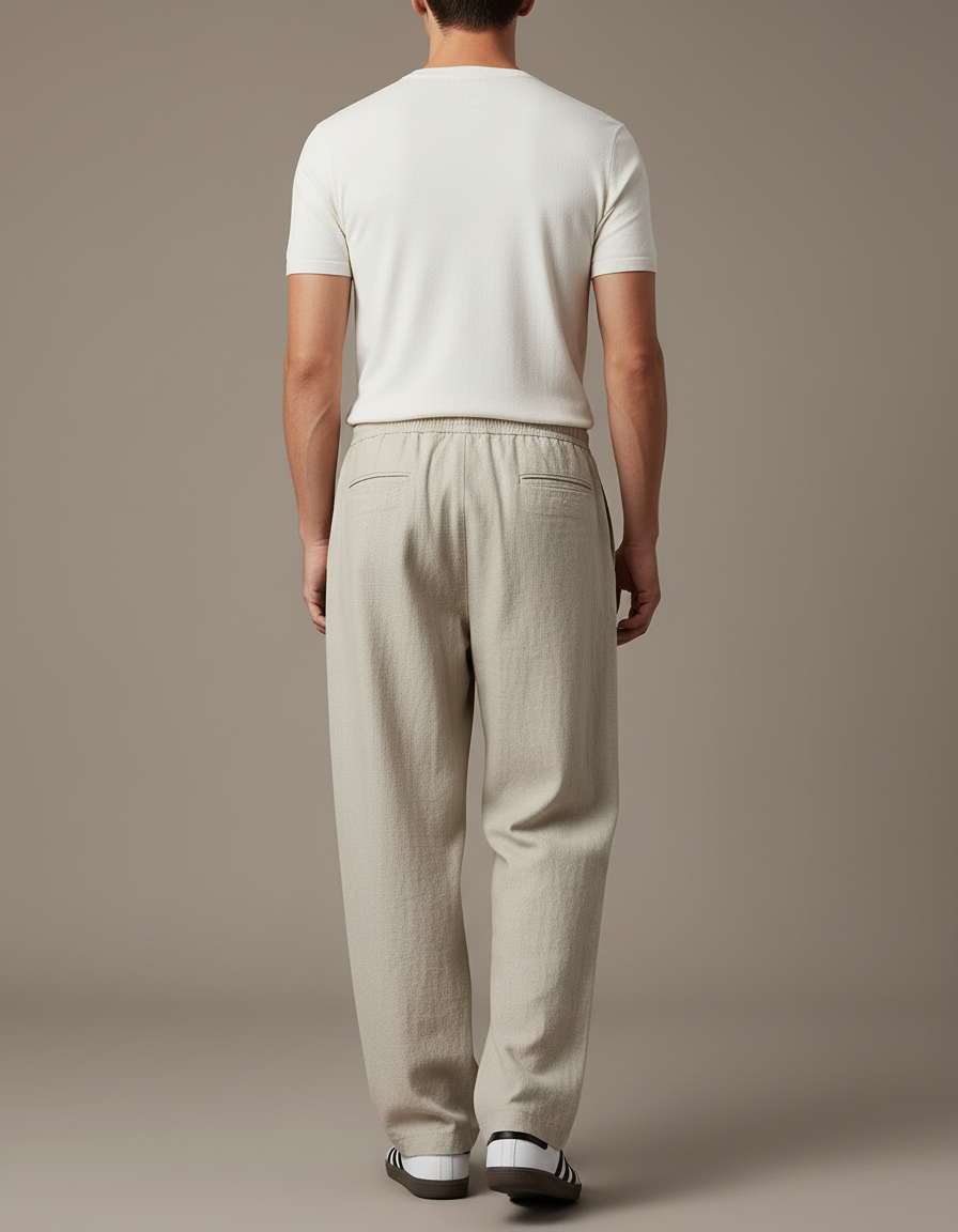 Pantalon Baggy Beige Lin Ample Décontracté Cordon Homme - vue 2