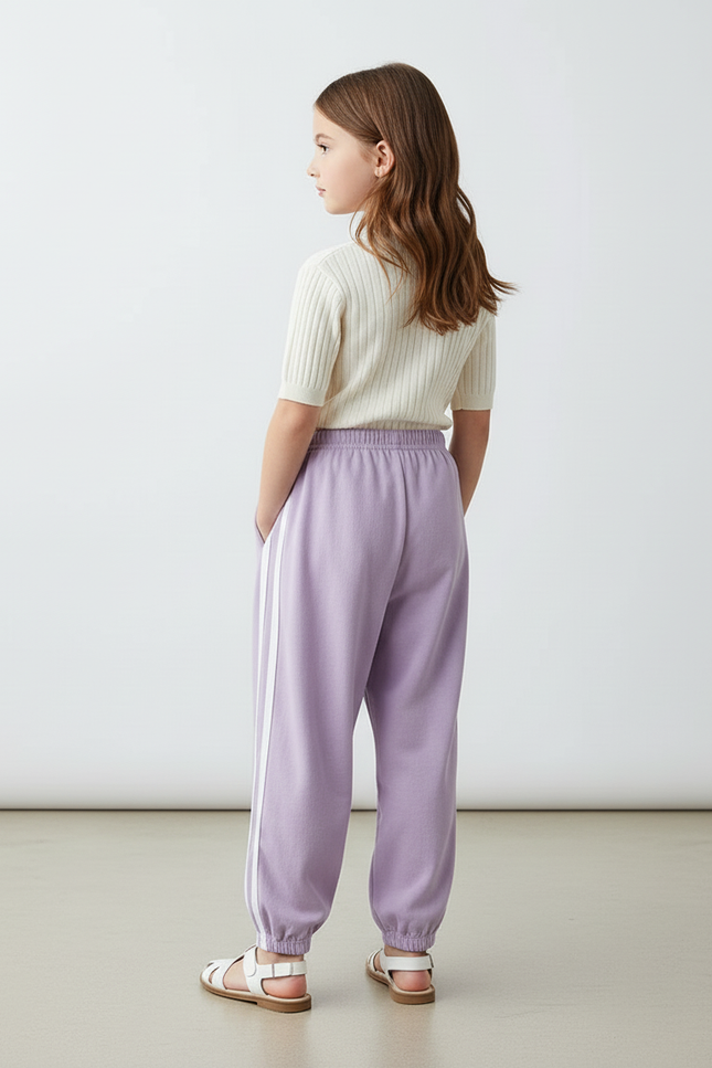 Pantalon Baggy Lilas Rayures Blanches Ample Enfant - Violet Molleton - vue 2