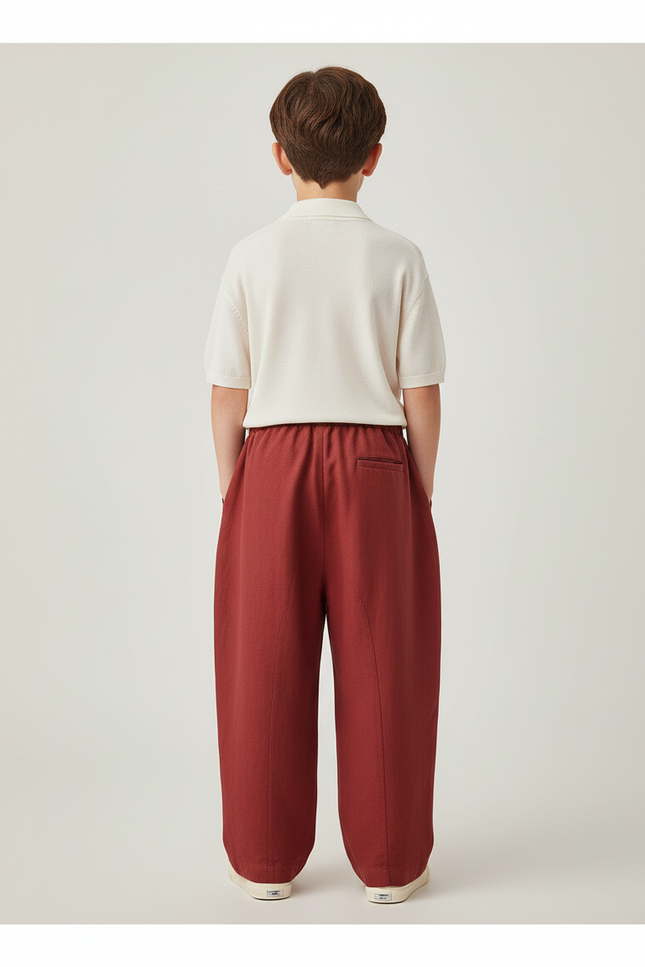 Pantalon Baggy Rouge Brique Ample Lin Enfant Confortable - Bordeaux - vue 2