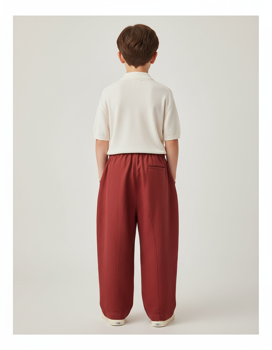 Pantalon Baggy Rouge Brique Ample Lin Enfant Confortable - Bordeaux - vue 2
