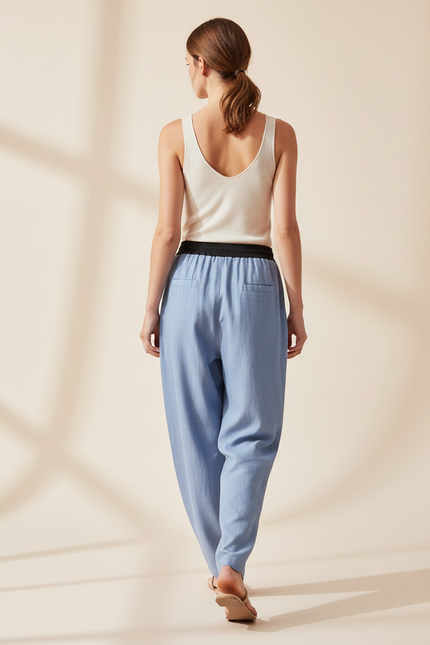Pantalon Baggy Bleu Clair Décontracté Ample Lin - vue 2