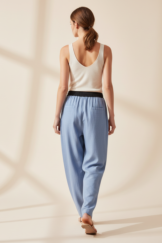 Pantalon Baggy Bleu Clair Décontracté Ample Lin - vue 2