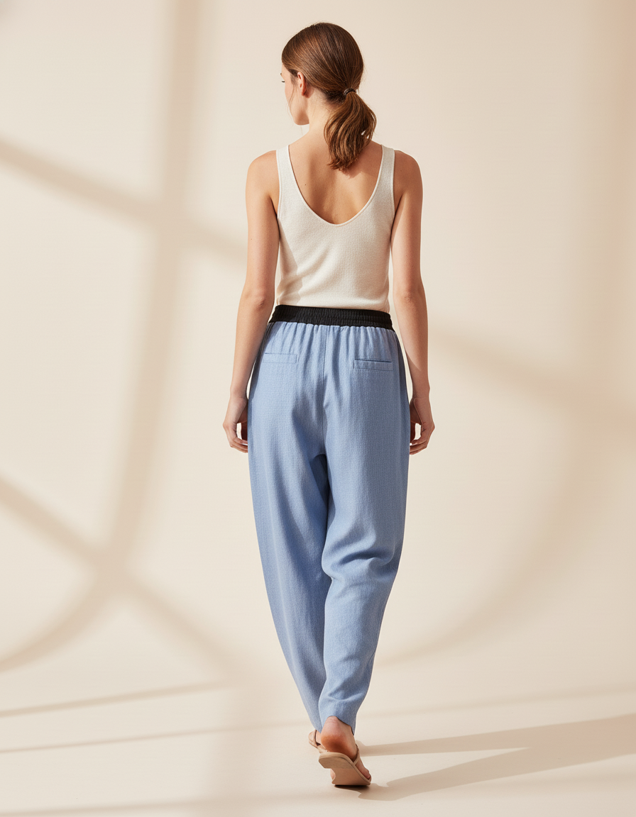 Pantalon Baggy Bleu Clair Décontracté Ample Lin - vue 2