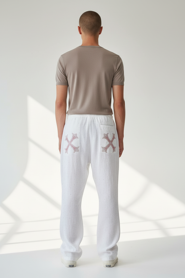 Pantalon Baggy Blanc Lin Imprimé Croix Décontracté - vue 2