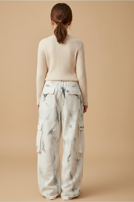 Pantalon Baggy Blanc Jean Ample Cargo Délavé - vue 2