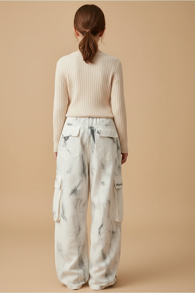 Pantalon Baggy Blanc Jean Ample Cargo Délavé - vue 2