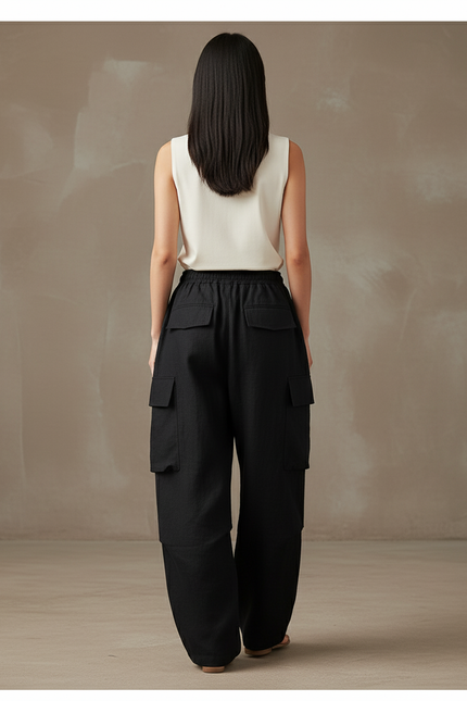 Pantalon Baggy Noir Lin Cargo Ample Décontracté Femmes - vue 2