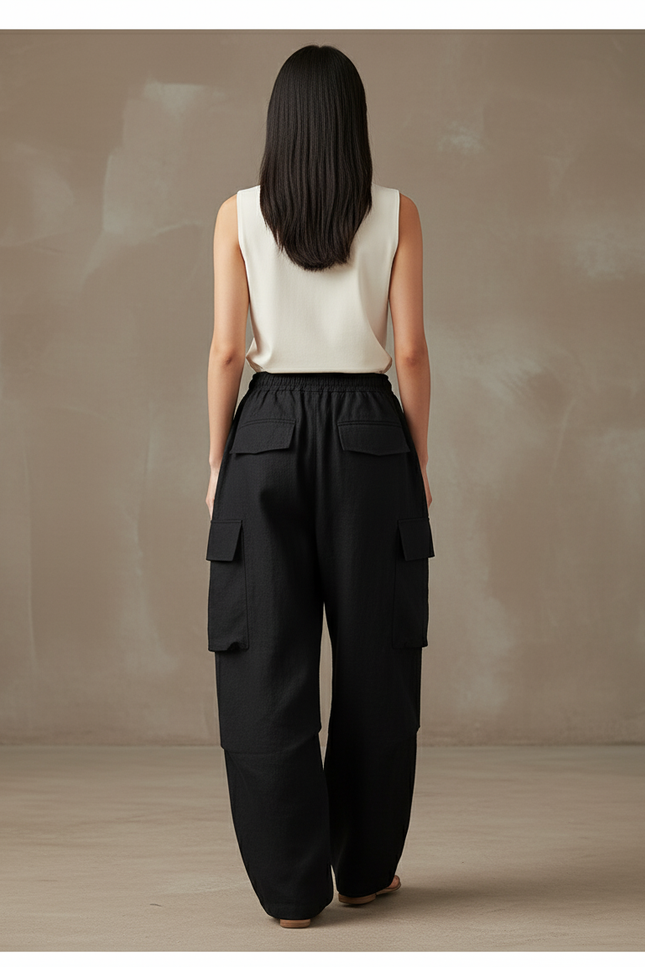 Pantalon Baggy Noir Lin Cargo Ample Décontracté Femmes - vue 2