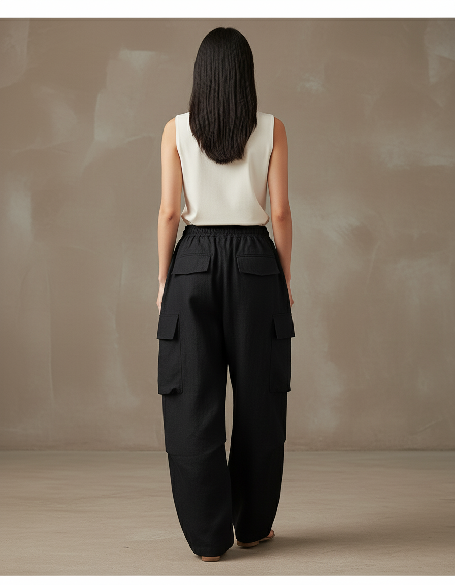 Pantalon Baggy Noir Lin Cargo Ample Décontracté Femmes - vue 2