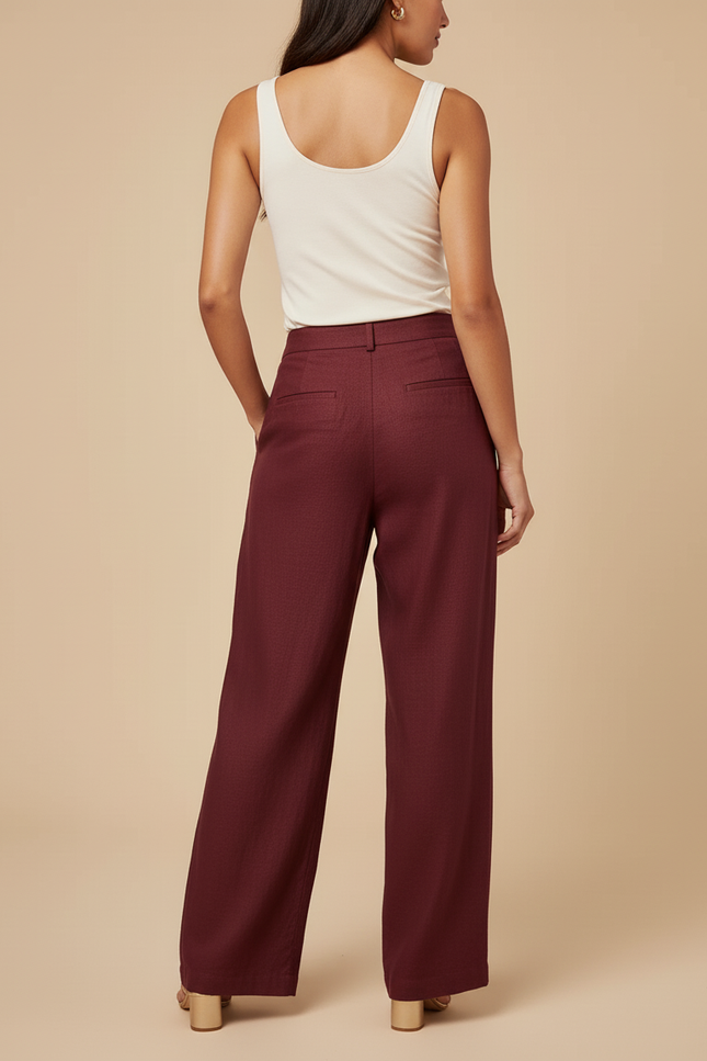 Pantalon Baggy Bordeaux Plissé Ample Fluide Élégant - Lin - vue 2