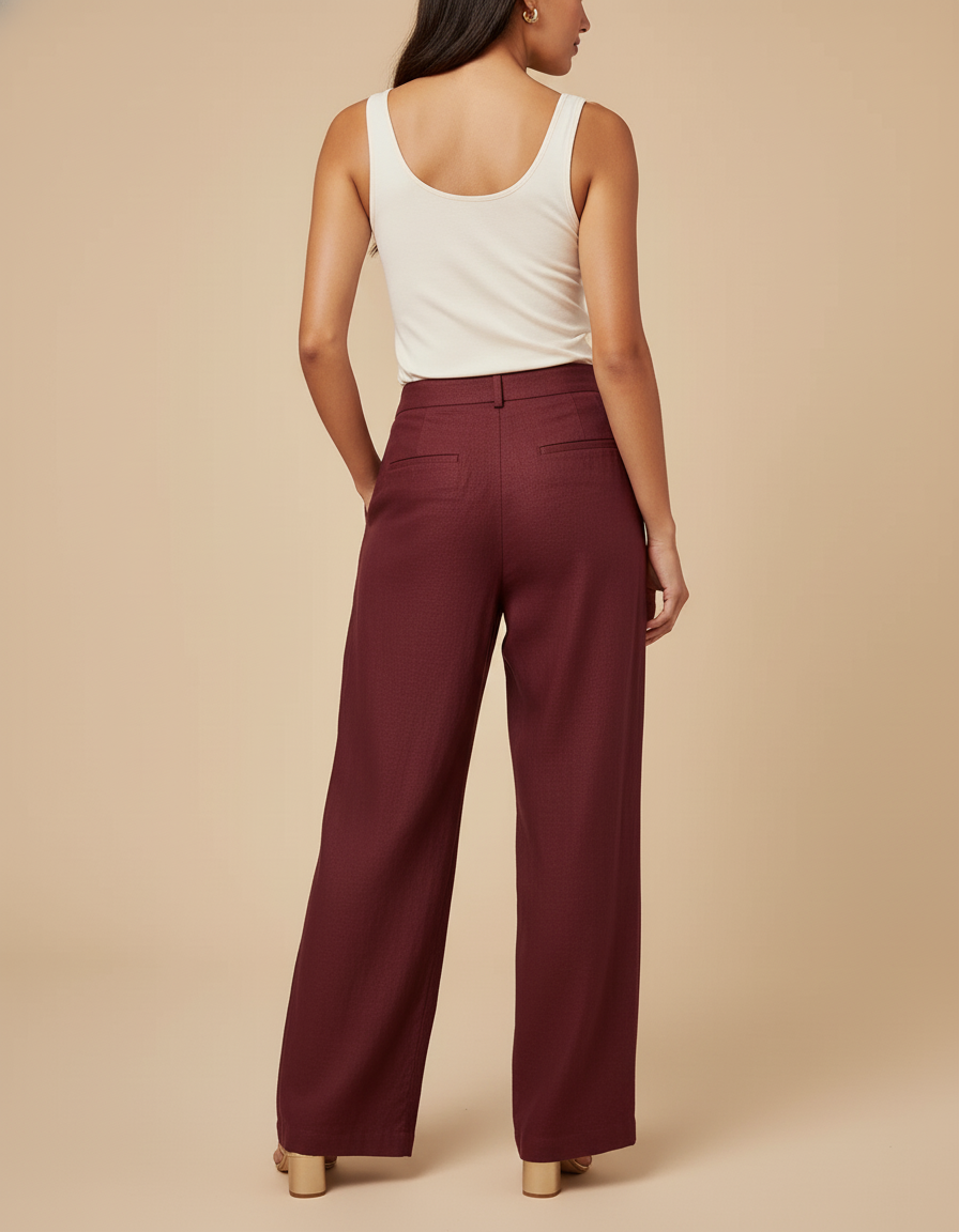 Pantalon Baggy Bordeaux Plissé Ample Fluide Élégant - Lin - vue 2