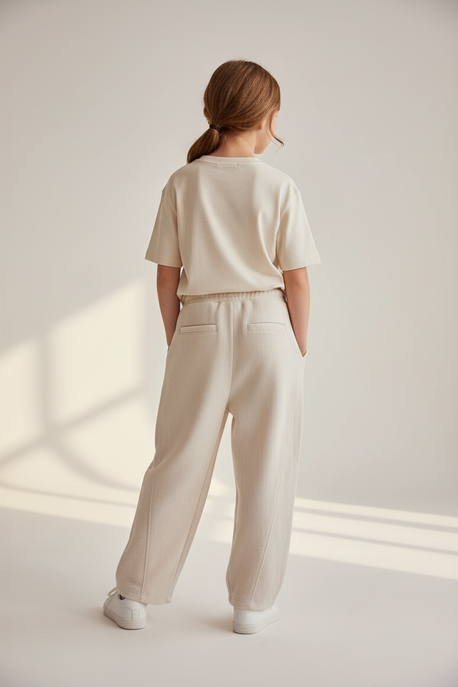 Pantalon Baggy Crème Ample Cordon Décontracté Enfant - Beige Molleton - vue 2
