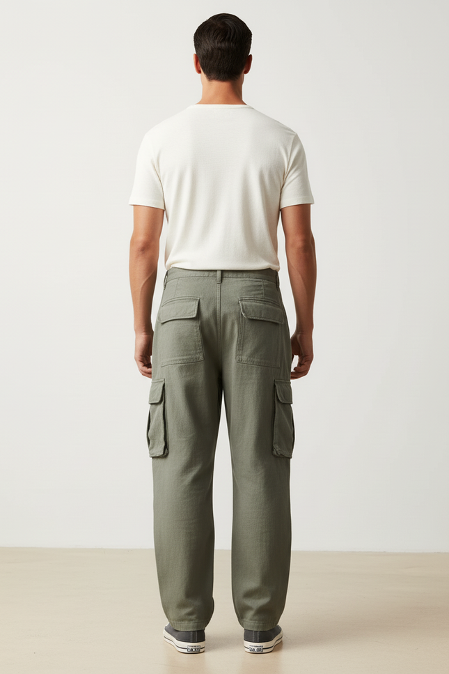 Pantalon Baggy Cargo Vert Ample Coton Homme - Kaki Toile - vue 2