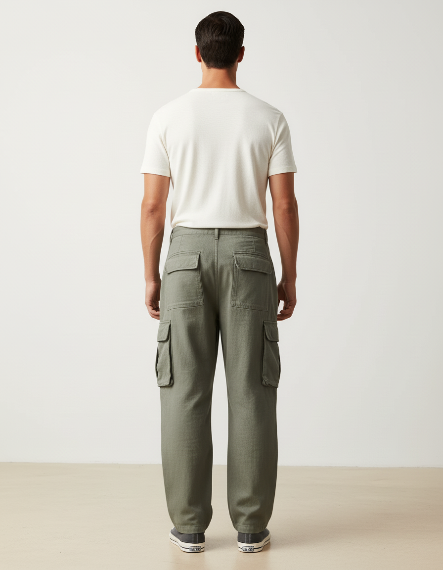 Pantalon Baggy Cargo Vert Ample Coton Homme - Kaki Toile - vue 2