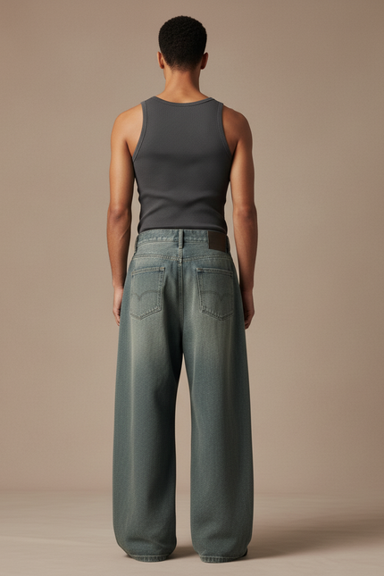Pantalon Baggy Délavé Ample Décontracté Large - Bleu Jean - vue 2