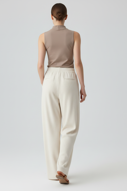 Pantalon Baggy Crème Rayé Fluide Décontracté Femme - Beige Maille - vue 2