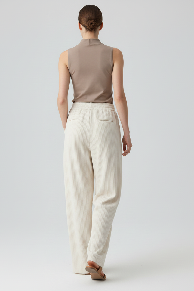 Pantalon Baggy Crème Rayé Fluide Décontracté Femme - Beige Maille - vue 2