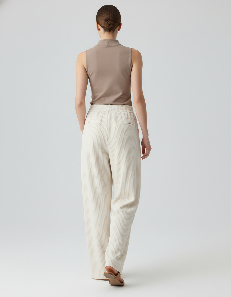Pantalon Baggy Crème Rayé Fluide Décontracté Femme - Beige Maille - vue 2