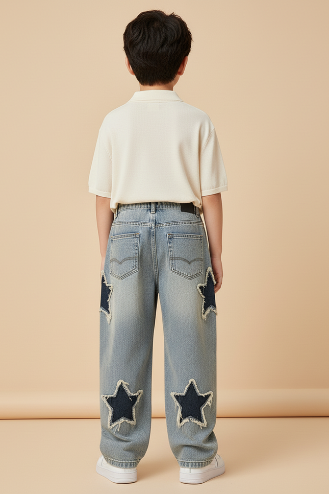 Pantalon Baggy Denim Bleu Étoiles Ample Garçon Décontracté - Jean - vue 2