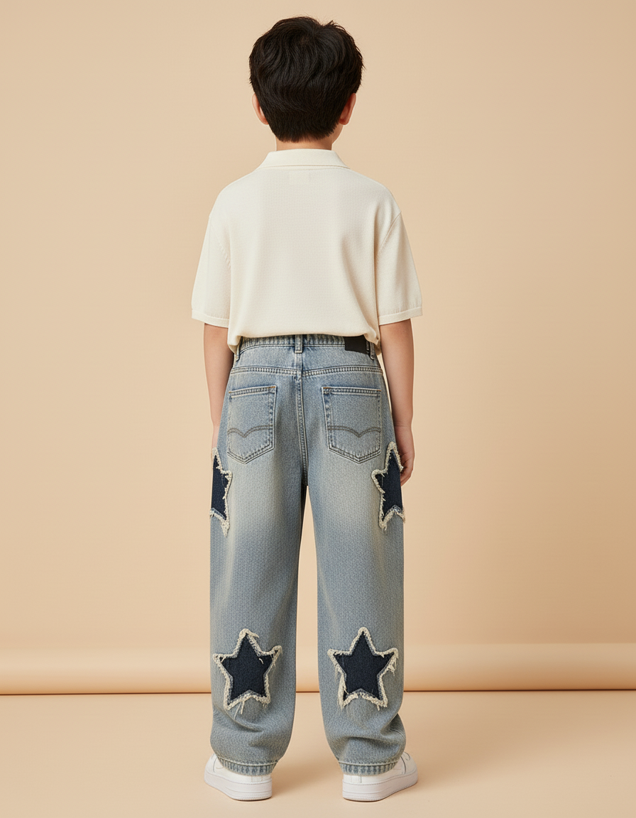 Pantalon Baggy Denim Bleu Étoiles Ample Garçon Décontracté - Jean - vue 2