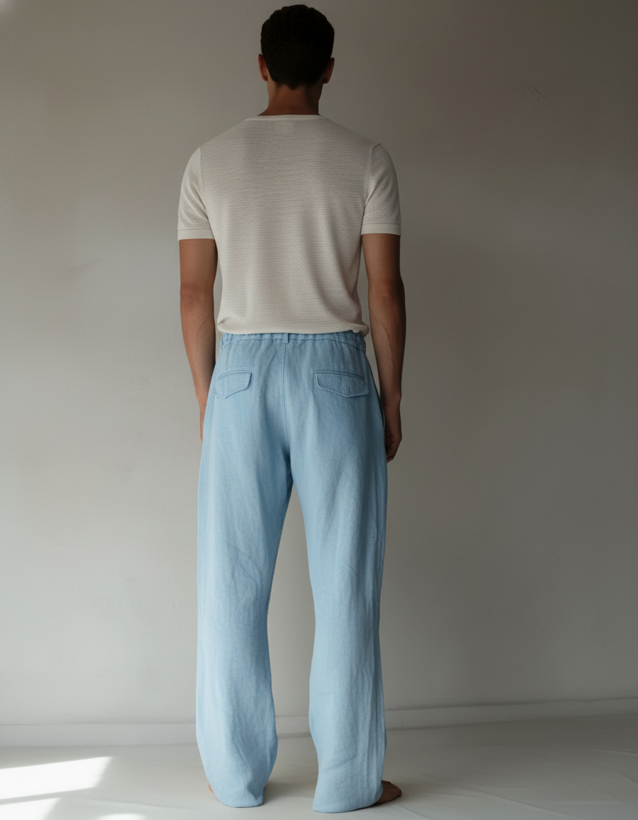 Pantalon Baggy Bleu Ciel Lin Ample Décontracté Homme - vue 2