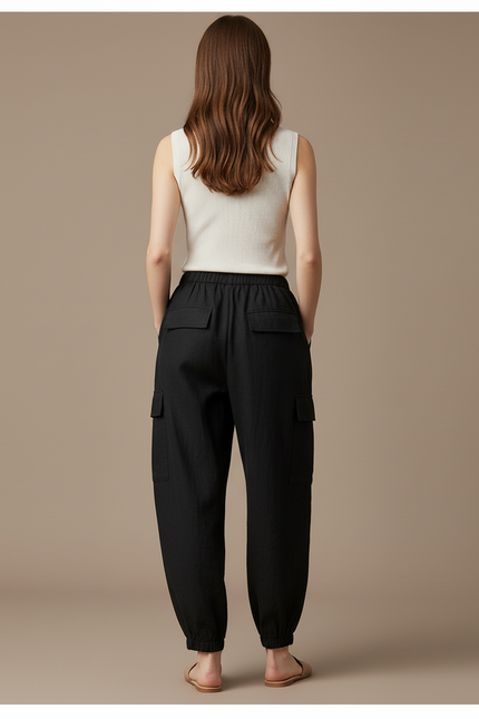 Pantalon Baggy Noir Cargo Ample Taille Haute - Lin - vue 2