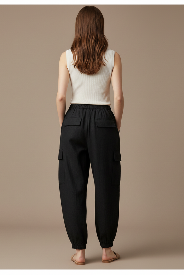 Pantalon Baggy Noir Cargo Ample Taille Haute - Lin - vue 2