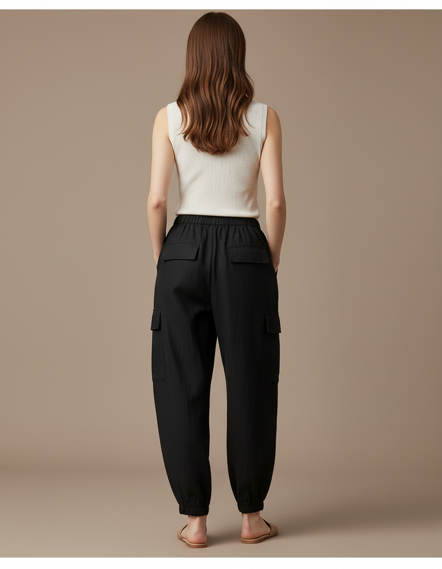 Pantalon Baggy Noir Cargo Ample Taille Haute - Lin - vue 2
