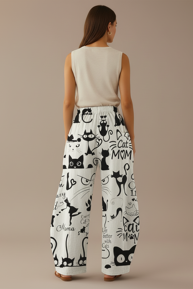 Pantalon Baggy Blanc Imprimé Chats Ample Décontracté Fluide - Lin - vue 2