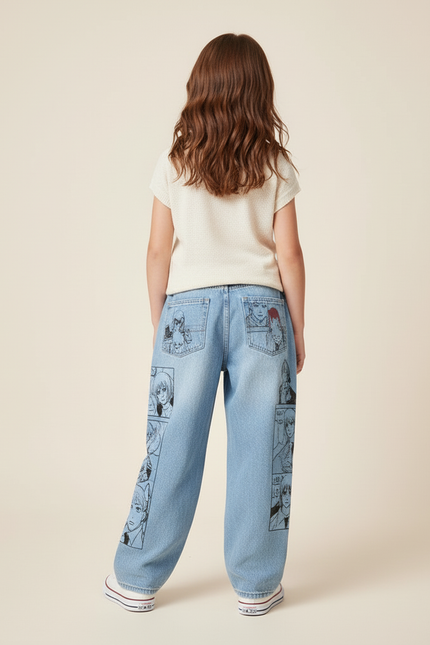Pantalon Baggy Jean Clair Anime Imprimé Manga Fille - Bleu - vue 2