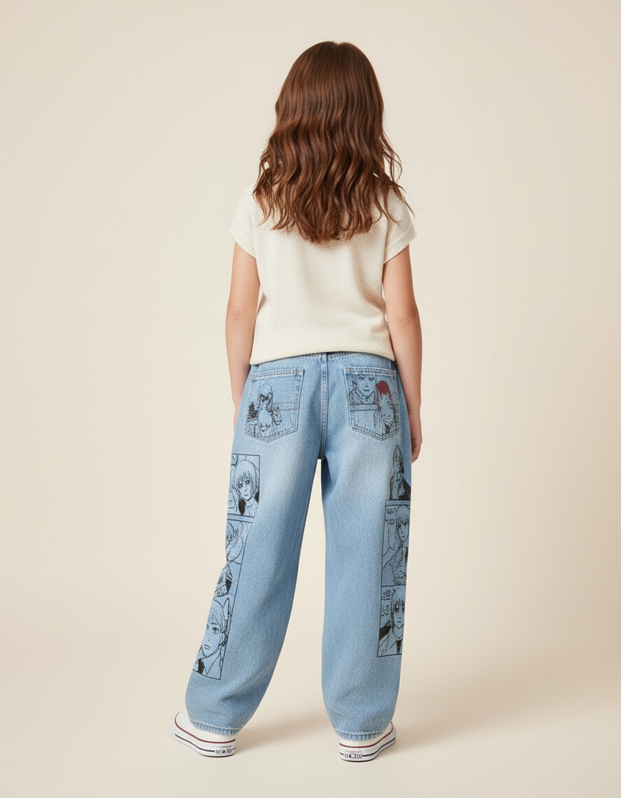 Pantalon Baggy Jean Clair Anime Imprimé Manga Fille - Bleu - vue 2