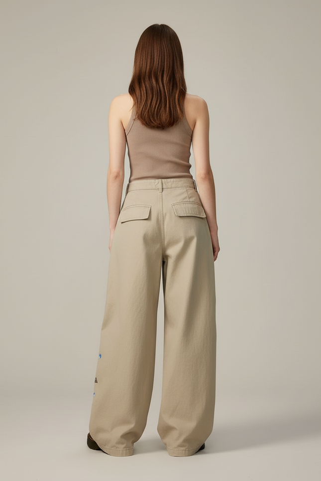 Pantalon Baggy Beige Brodé Large Décontracté Femme - Gabardine - vue 2